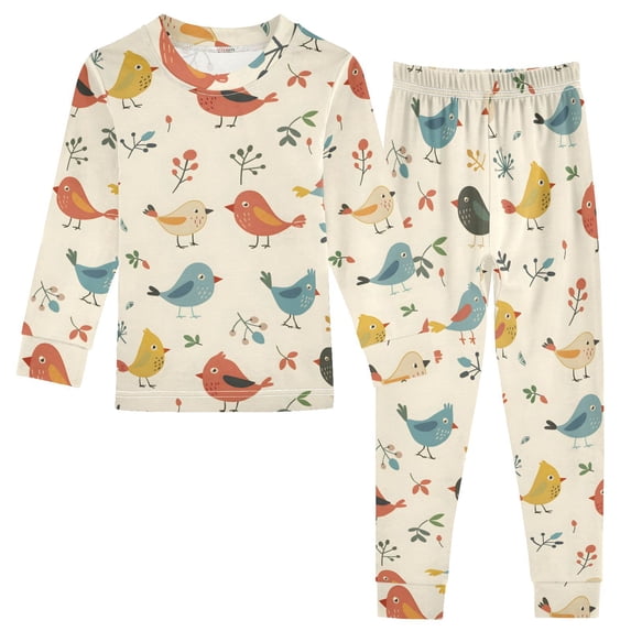 Dailycode Cotton Pajama Set Snug Fit Long Sleeve Top and Pants for 18M-8Y Cartoon Bird and Leaf