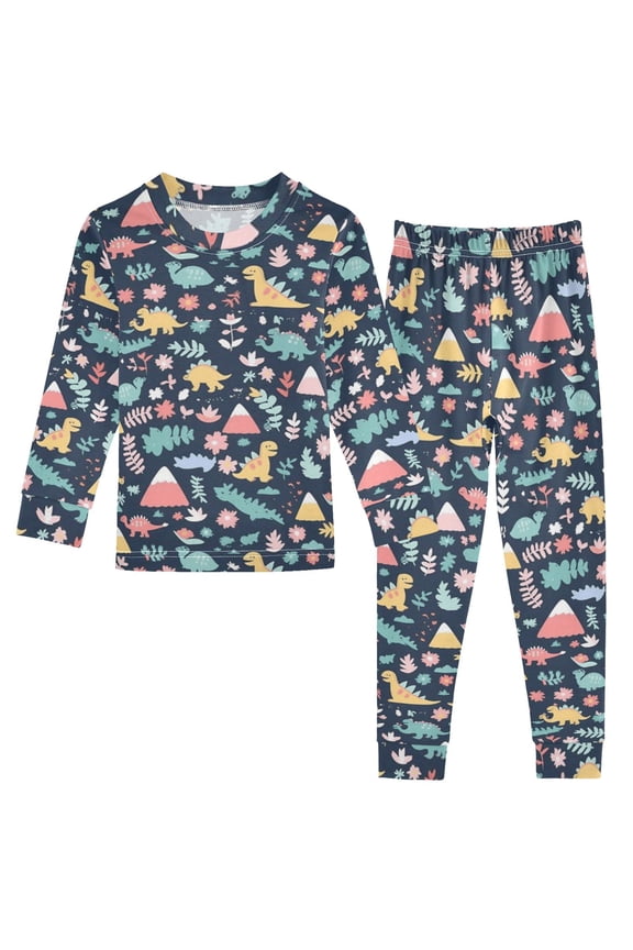 Cotton Pajama Set Snug Fit Long Sleeve Top and Pants for 18M-8Y Cartoon Dinosaur Leaf Mountain