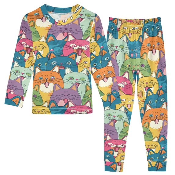 Dailycode Cotton Pajama Set Snug Fit Long Sleeve Top and Pants for 18M-8Y Colorful Happy Cats Faces