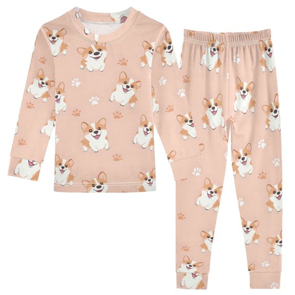 Dailycode Cotton Pajama Set Snug Fit Long Sleeve Top and Pants for 18M-8Y Corgi Dog and Paw Prints