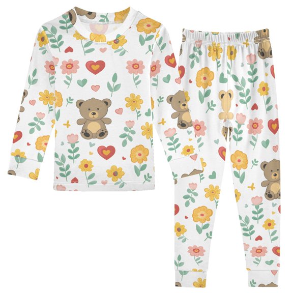 Dailycode Cotton Pajama Set Snug Fit Long Sleeve Top and Pants for 18M-8Y Cute Bear Toy and Flower