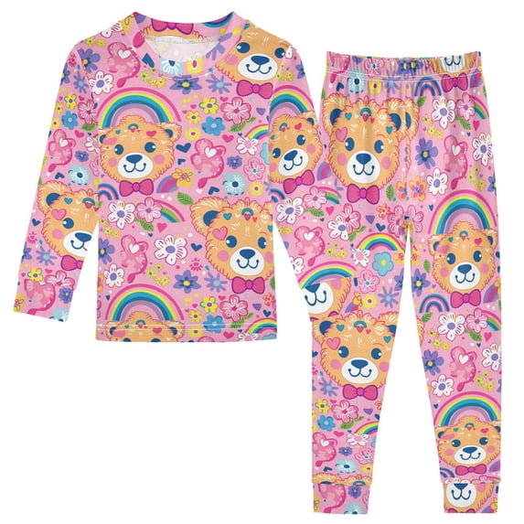 Dailycode Cotton Pajama Set Snug Fit Long Sleeve Top and Pants for 18M-8Y Cute Bear with Flower and Rainbow