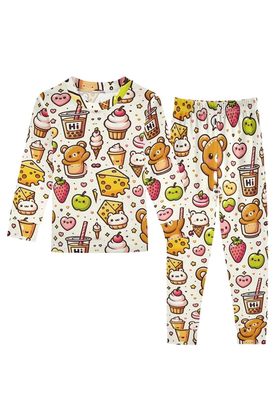 Cotton Pajama Set Snug Fit Long Sleeve Top and Pants for 18M-8Y Cute Bear with Sweet and Dessert