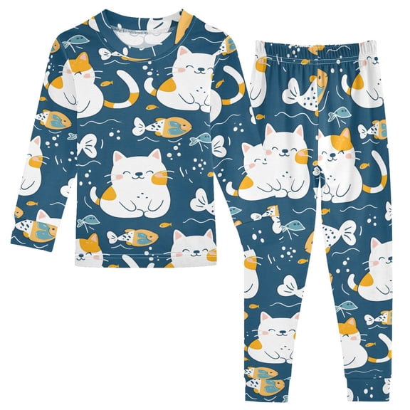 Dailycode Cotton Pajama Set Snug Fit Long Sleeve Top and Pants for 18M-8Y Cute Cat with Fish