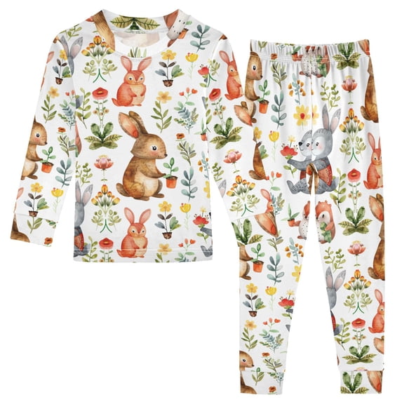 Dailycode Cotton Pajama Set Snug Fit Long Sleeve Top and Pants for 18M-8Y Cute Rabbits and Flowers