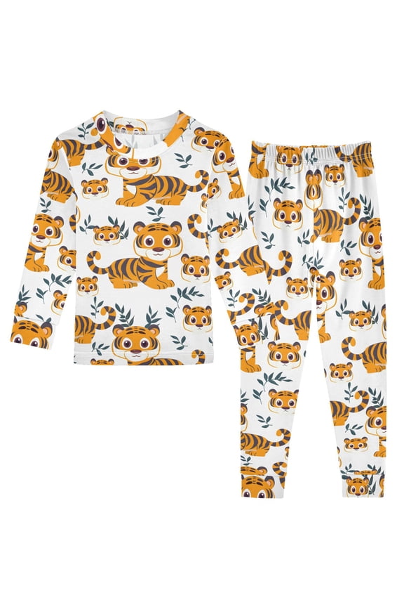 Cotton Pajama Set Snug Fit Long Sleeve Top and Pants for 18M-8Y Cute Tigers and Leaf