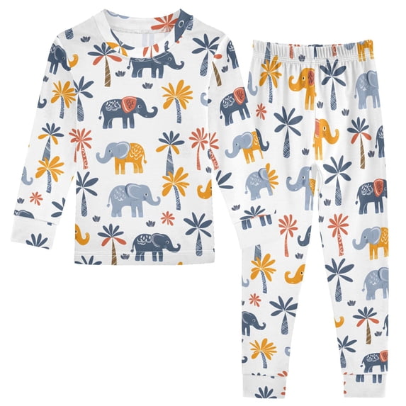 Dailycode Cotton Pajama Set Snug Fit Long Sleeve Top and Pants for 18M-8Y Elephants with Palms Trees