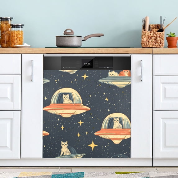 Dailycode Dishwasher Magnet Cover Magnetic Fridge Door Cover Home Kitchen Decor, Cat in Ufo, 23"x 26"