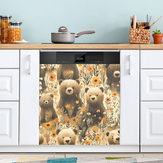 Dailycode Dishwasher Magnet Cover Magnetic Fridge Door Cover Home Kitchen Decor, Cute Bears in Flower Sea, 23"x 26"