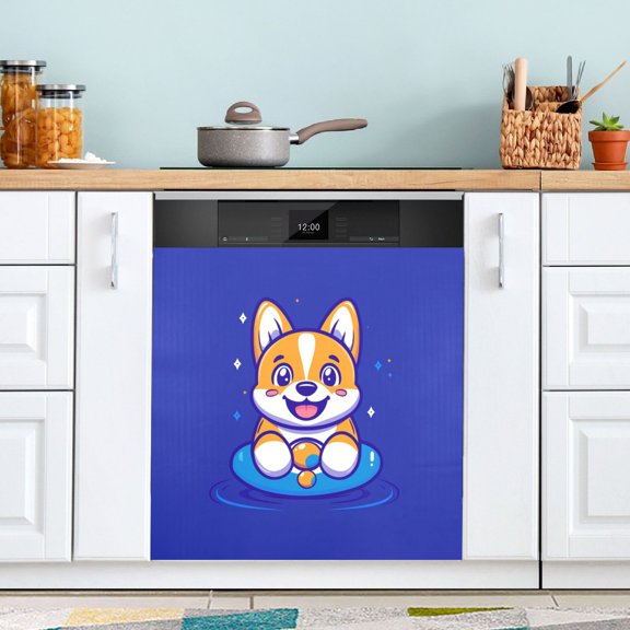 Dailycode Dishwasher Magnet Cover Magnetic Fridge Door Cover Home Kitchen Decor, Cute Corgi Dog on Swimming Ring, 23"x 26"