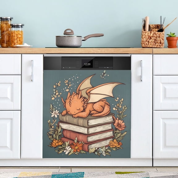 Dailycode Dishwasher Magnet Cover Magnetic Fridge Door Cover Home Kitchen Decor, Little Dinosaur on Book, 23"x 26"