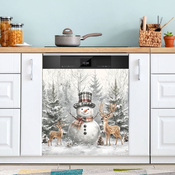 Dailycode Dishwasher Magnet Cover Magnetic Fridge Door Cover Home Kitchen Decor, Snowman with Deer, 23"x 26"