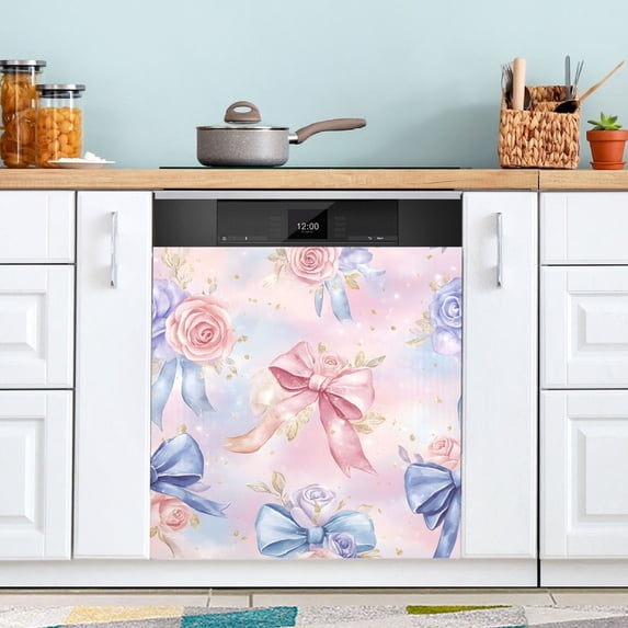 Dailycode Dishwasher Magnet Cover Magnetic Fridge Door Cover Home Kitchen Decor, Watercolor Bow and Rose Flower, 23"x 26"