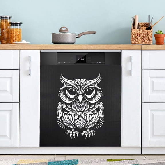 Dailycode Dishwasher Magnet Cover Magnetic Fridge Door Cover Home Kitchen Decor, White Hand Drawn Owl, 23"x 26"