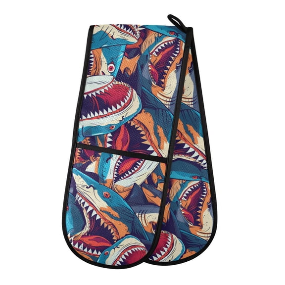 Dailycode Double Sided Oven Mitt with Loop Heat Resistant Kitchen Long Potholders 7" x 35" Angry Sharks