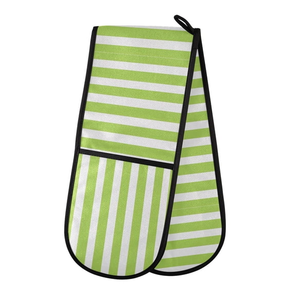Dailycode Double Sided Oven Mitt with Loop Heat Resistant Kitchen Long Potholders 7" x 35" Apple Green and White Stripes