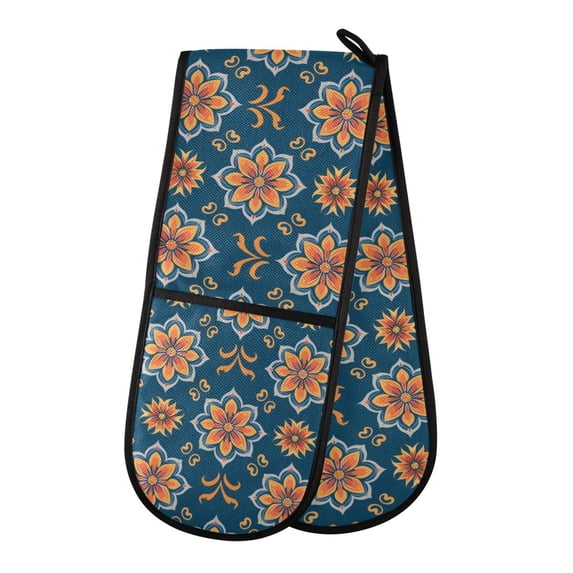 Dailycode Double Sided Oven Mitt with Loop Heat Resistant Kitchen Long Potholders 7" x 35" Arabesque Floral Flowers