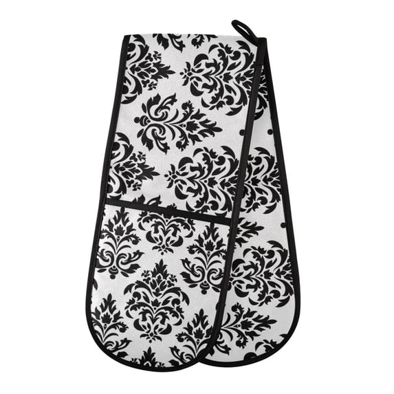 Dailycode Double Sided Oven Mitt with Loop Heat Resistant Kitchen Long Potholders 7" x 35" Baroque Black Damask Figure