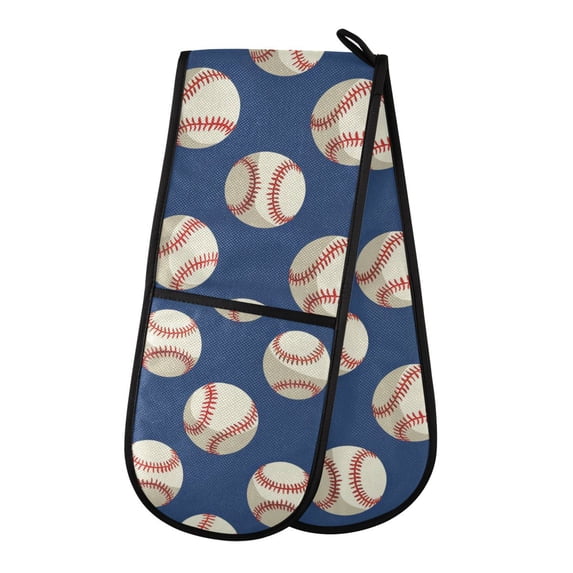 Dailycode Double Sided Oven Mitt with Loop Heat Resistant Kitchen Long Potholders 7" x 35" Baseball on Blue