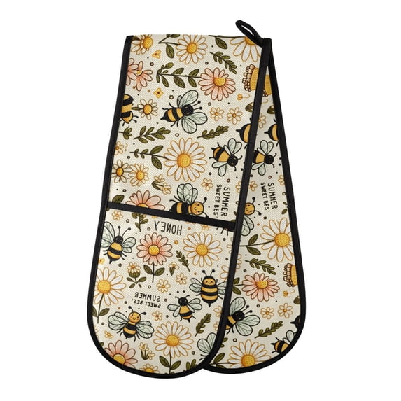 Dailycode Double Sided Oven Mitt with Loop Heat Resistant Kitchen Long Potholders 7" x 35" Bee Honey and Daisy