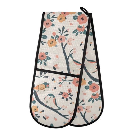 Dailycode Double Sided Oven Mitt with Loop Heat Resistant Kitchen Long Potholders 7" x 35" Birds on Branch with Flower