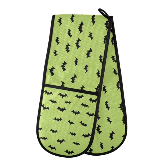 Dailycode Double Sided Oven Mitt with Loop Heat Resistant Kitchen Long Potholders 7" x 35" Black Bat on Green