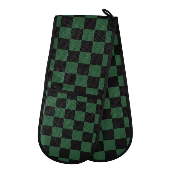 Dailycode Double Sided Oven Mitt with Loop Heat Resistant Kitchen Long Potholders 7" x 35" Black Green Checked