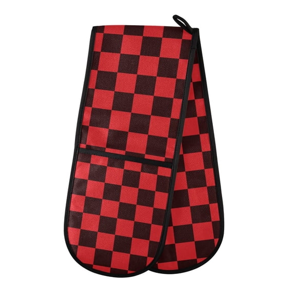 Dailycode Double Sided Oven Mitt with Loop Heat Resistant Kitchen Long Potholders 7" x 35" Black Red Checked