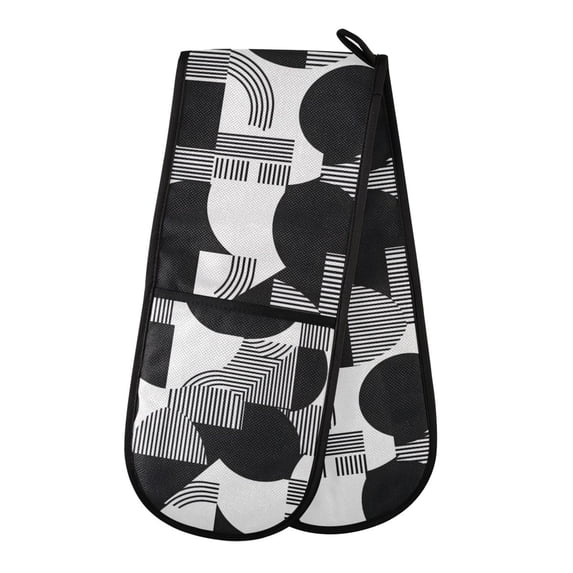 Dailycode Double Sided Oven Mitt with Loop Heat Resistant Kitchen Long Potholders 7" x 35" Black White Line Circles