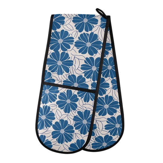Dailycode Double Sided Oven Mitt with Loop Heat Resistant Kitchen Long Potholders 7" x 35" Blue Flowers with Petals
