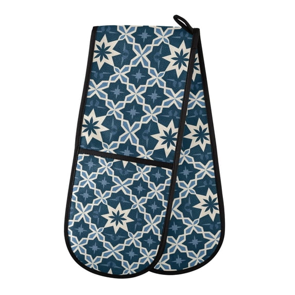 Dailycode Double Sided Oven Mitt with Loop Heat Resistant Kitchen Long Potholders 7" x 35" Blue Geometric Stars