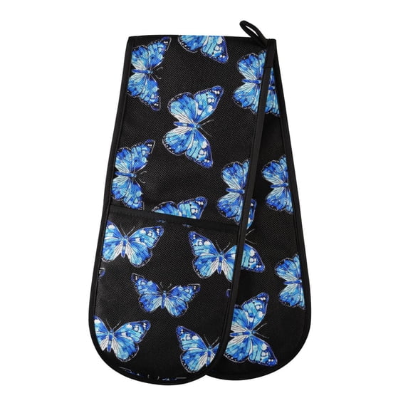 Dailycode Double Sided Oven Mitt with Loop Heat Resistant Kitchen Long Potholders 7" x 35" Blue White Butterflies