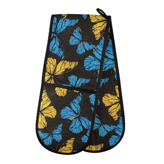 Dailycode Double Sided Oven Mitt with Loop Heat Resistant Kitchen Long Potholders 7" x 35" Blue Yellow Butterflies