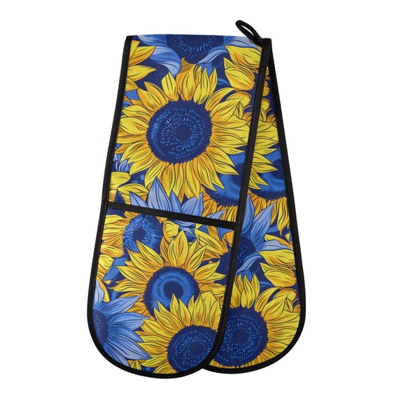 Dailycode Double Sided Oven Mitt with Loop Heat Resistant Kitchen Long Potholders 7" x 35" Blue Yellow Sunflowers