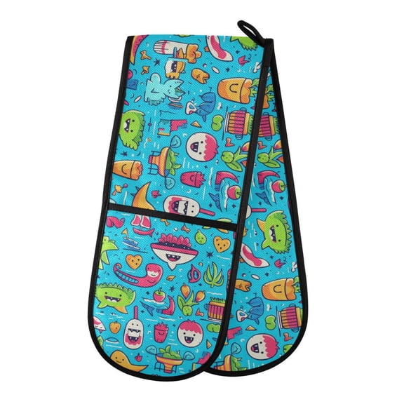 Dailycode Double Sided Oven Mitt with Loop Heat Resistant Kitchen Long Potholders 7" x 35" Boat Animal Fruits Heart