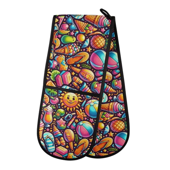 Dailycode Double Sided Oven Mitt with Loop Heat Resistant Kitchen Long Potholders 7" x 35" Cartoon Ball Sun Fruits Slipper