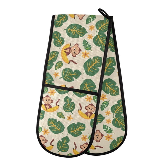 Dailycode Double Sided Oven Mitt with Loop Heat Resistant Kitchen Long Potholders 7" x 35" Cartoon Banana Monkey Leaf