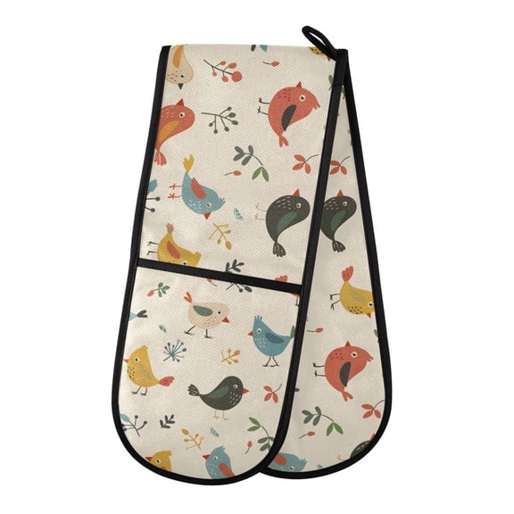 Dailycode Double Sided Oven Mitt with Loop Heat Resistant Kitchen Long Potholders 7" x 35" Cartoon Bird and Leaf