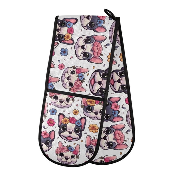 Dailycode Double Sided Oven Mitt with Loop Heat Resistant Kitchen Long Potholders 7" x 35" Cartoon Bulldog and Flower