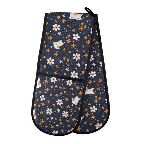 Dailycode Double Sided Oven Mitt with Loop Heat Resistant Kitchen Long Potholders 7" x 35" Cartoon Cat and Flower