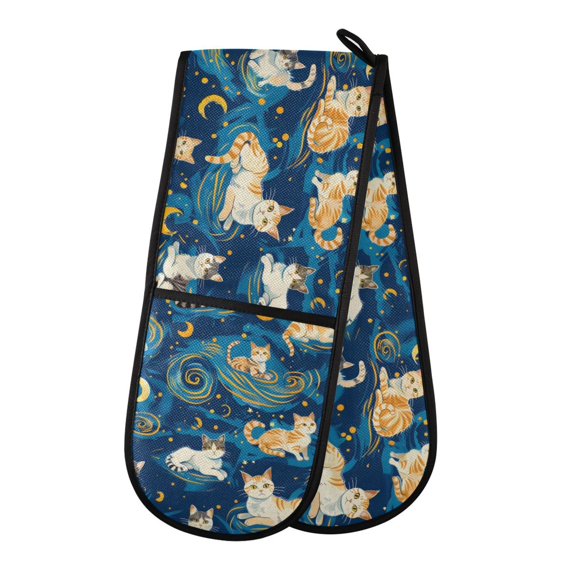 Dailycode Double Sided Oven Mitt with Loop Heat Resistant Kitchen Long Potholders 7" x 35" Cartoon Cats and Starry Sky