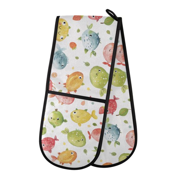 Dailycode Double Sided Oven Mitt with Loop Heat Resistant Kitchen Long Potholders 7" x 35" Cartoon Colorful Fishs