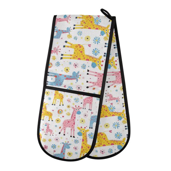 Dailycode Double Sided Oven Mitt with Loop Heat Resistant Kitchen Long Potholders 7" x 35" Cartoon Colorful Giraffes and Flowers