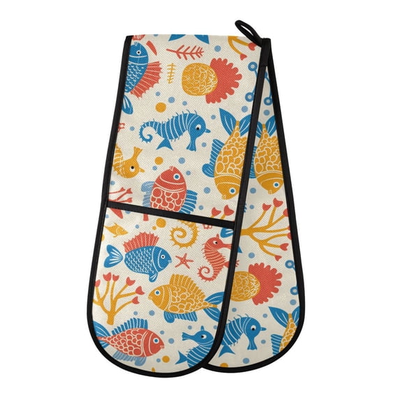 Dailycode Double Sided Oven Mitt with Loop Heat Resistant Kitchen Long Potholders 7" x 35" Cartoon Fish and Seahorse