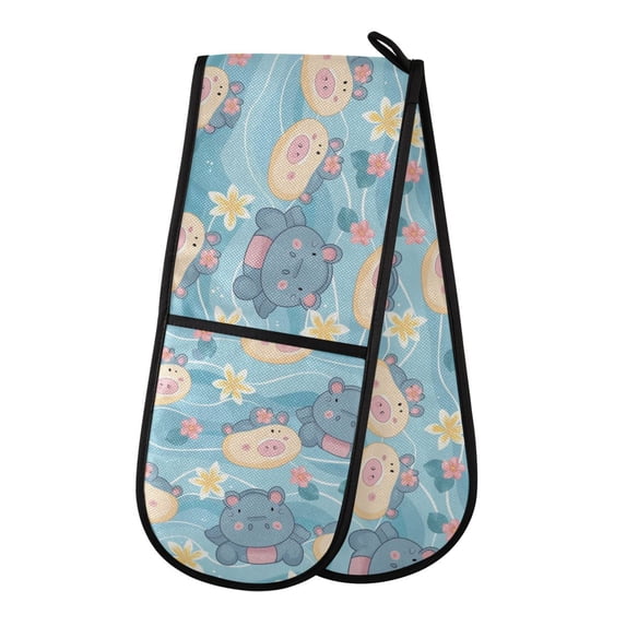 Dailycode Double Sided Oven Mitt with Loop Heat Resistant Kitchen Long Potholders 7" x 35" Cartoon Hippo and Flowers