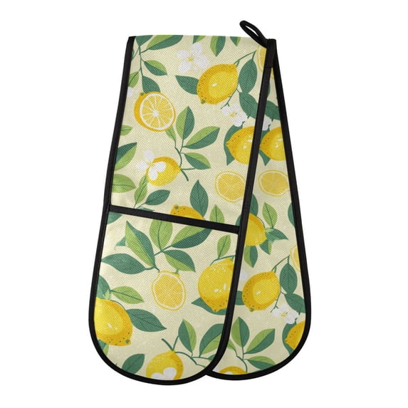 Dailycode Double Sided Oven Mitt with Loop Heat Resistant Kitchen Long Potholders 7" x 35" Cartoon Lemon and Plumeria