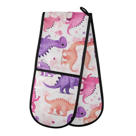 Dailycode Double Sided Oven Mitt with Loop Heat Resistant Kitchen Long Potholders 7" x 35" Cartoon Pastel Dinosaurs