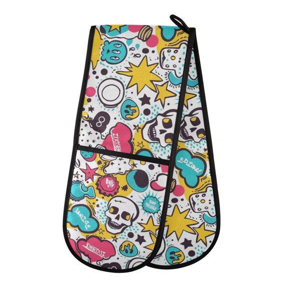 Dailycode Double Sided Oven Mitt with Loop Heat Resistant Kitchen Long Potholders 7" x 35" Cartoon Skull with Speech Bubbles