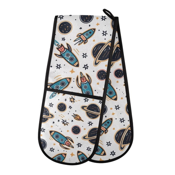 Dailycode Double Sided Oven Mitt with Loop Heat Resistant Kitchen Long Potholders 7" x 35" Cartoon Space Rockets and Planets
