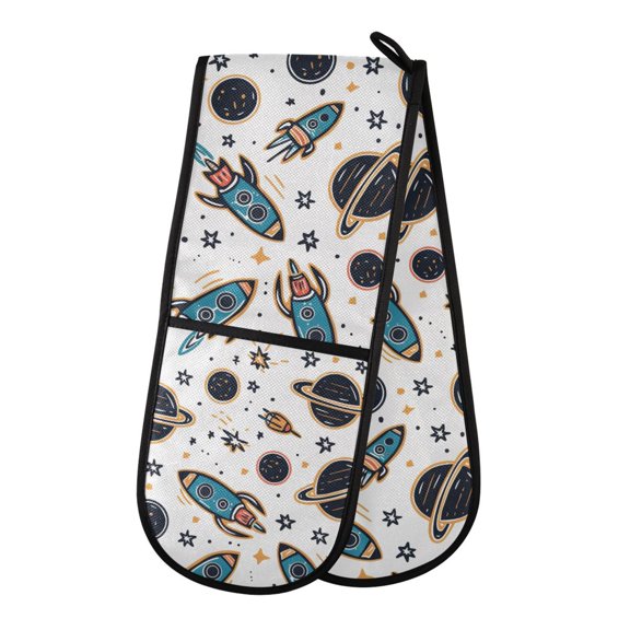Dailycode Double Sided Oven Mitt with Loop Heat Resistant Kitchen Long Potholders 7" x 35" Cartoon Space Rockets and Planets